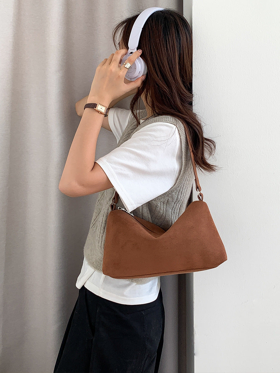 Korean Style Daily Commuter Solid Color Suede Women's Shoulder Bag