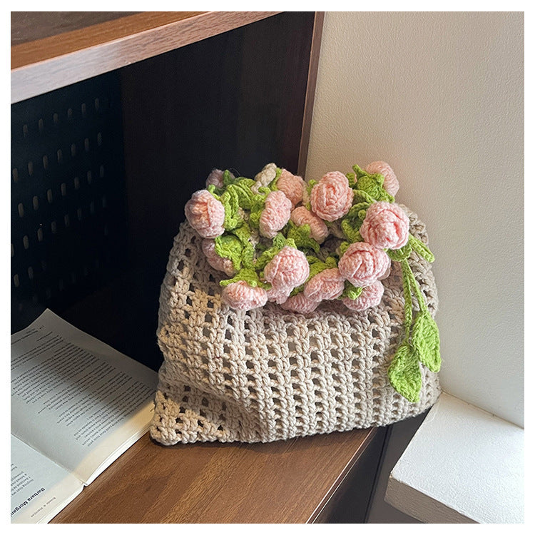 Rose Bouquet Blanket Handmade Crochet Woven Bucket Bags