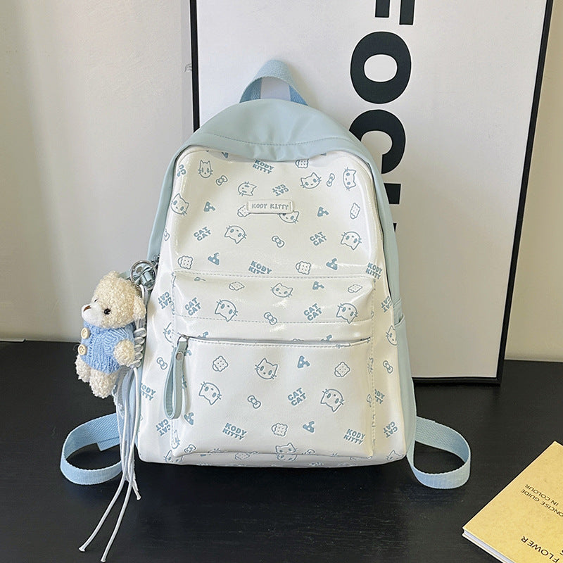 Women's Soft Leather Printed Cat Commute College Women's Backpack