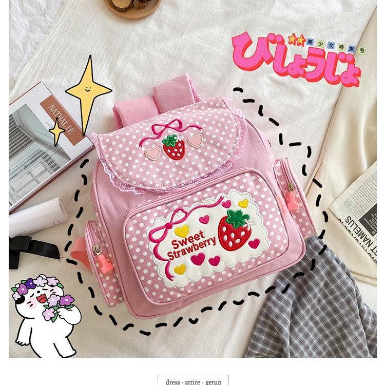 Women's Soft Sweet Lady Cute Embroidered Fruit Strawberry Lace Backpacks