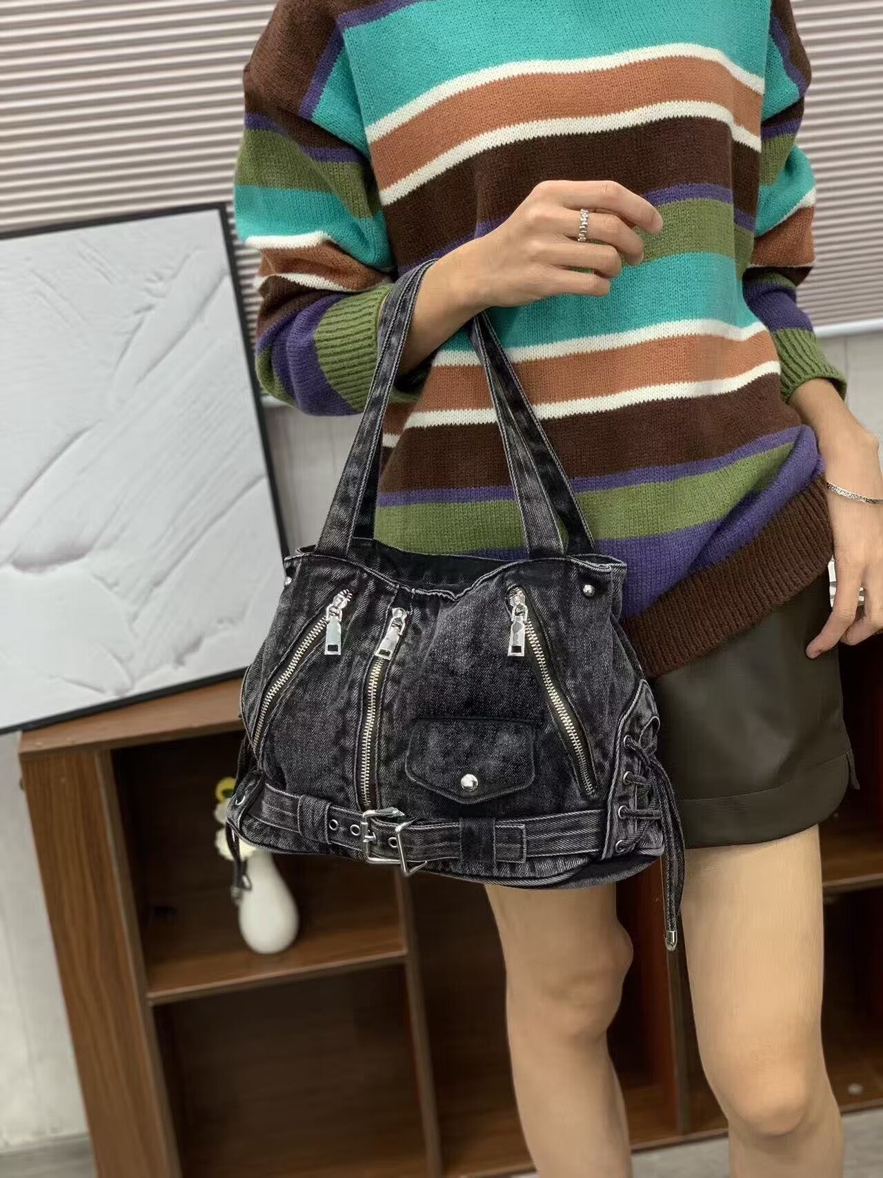 Fashion Denim Washed Punk Motorcycle Hot Top Bags