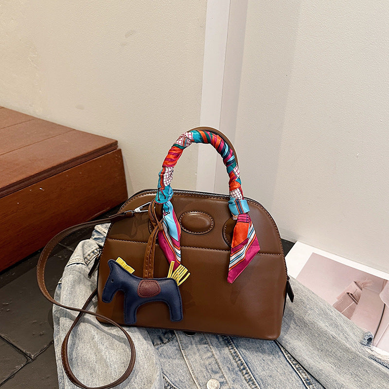 Women's Shell Cowhide Bowling Portable Zippered Women's Handbag