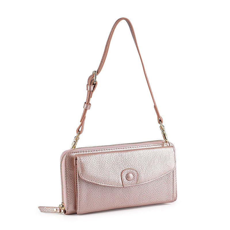 Women's Underarm Layer Cowhide Zipper Mobile Function Genuine Bags