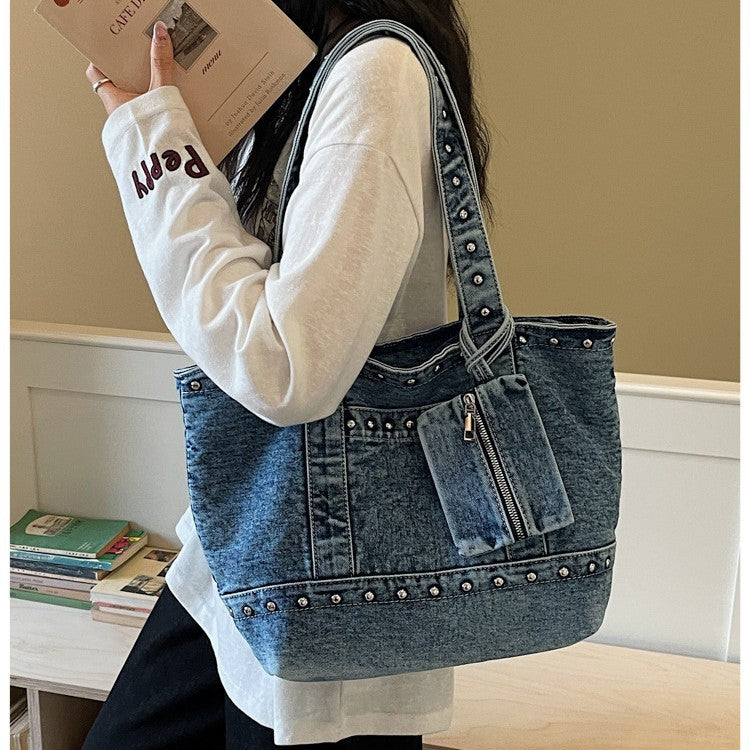 Women's Denim Trendy Unique Studded Large Capacity Tote Bags