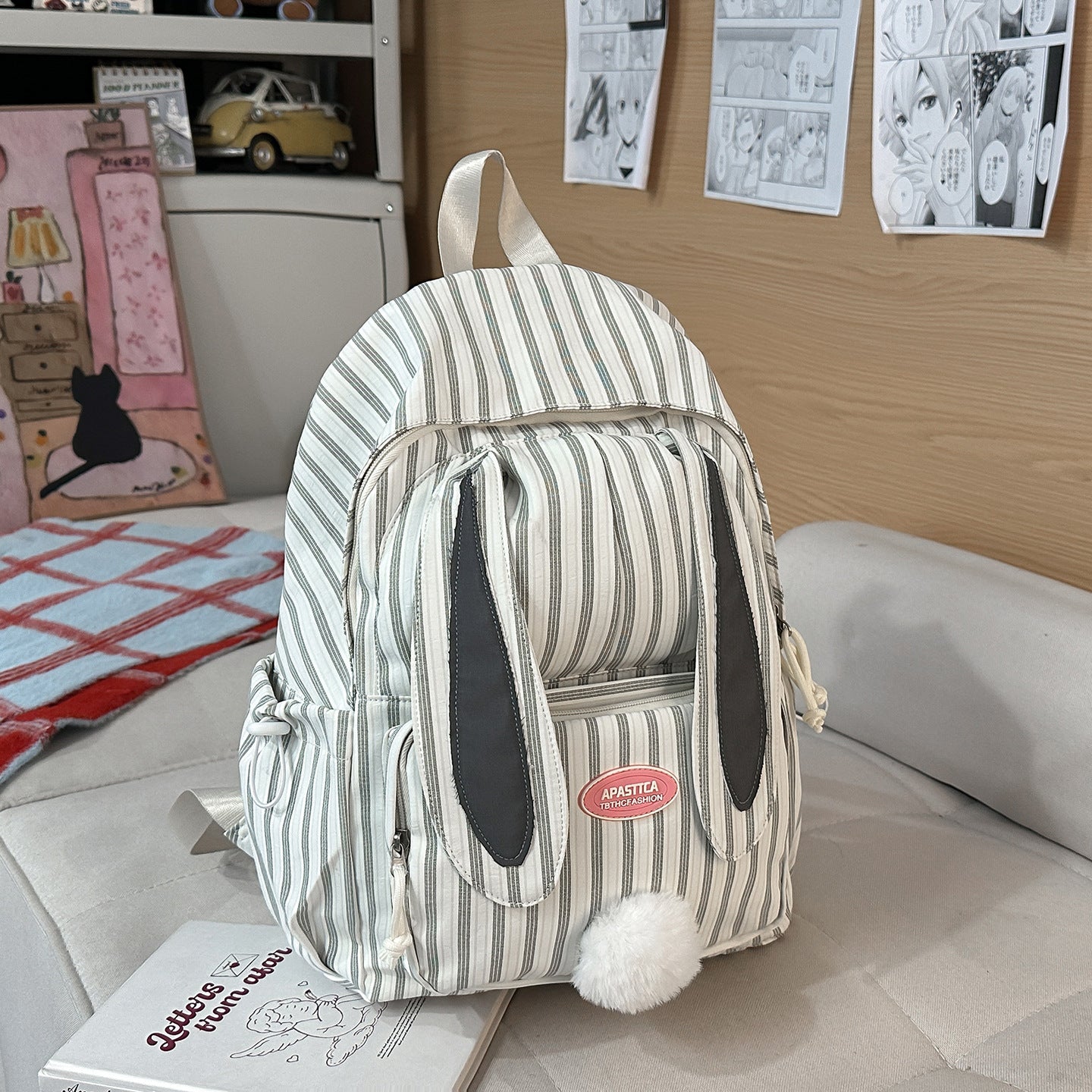 Cute Rabbit Sweet Stripes Junior Lightweight Large Leisure Backpack