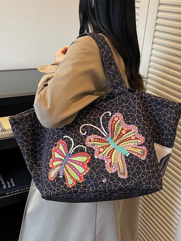Embroidered Nylon Portable Large Capacity Shopping Versatile Tote Bag