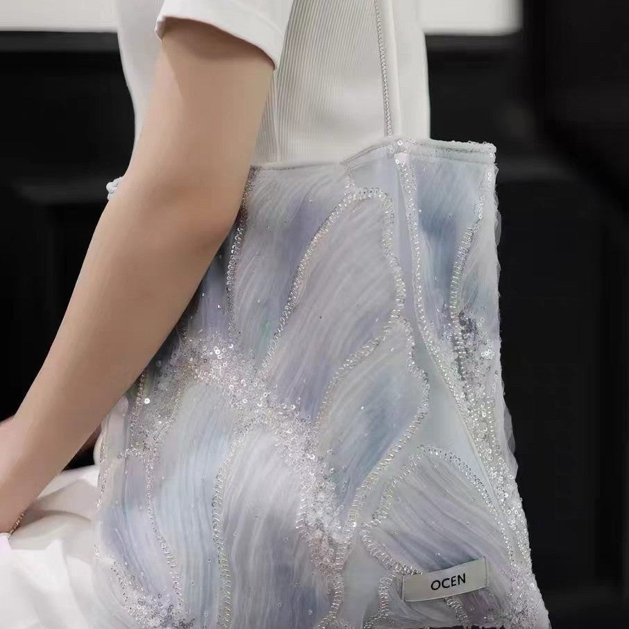 Fashionable Morandi Blue Beaded Item Niche Bags