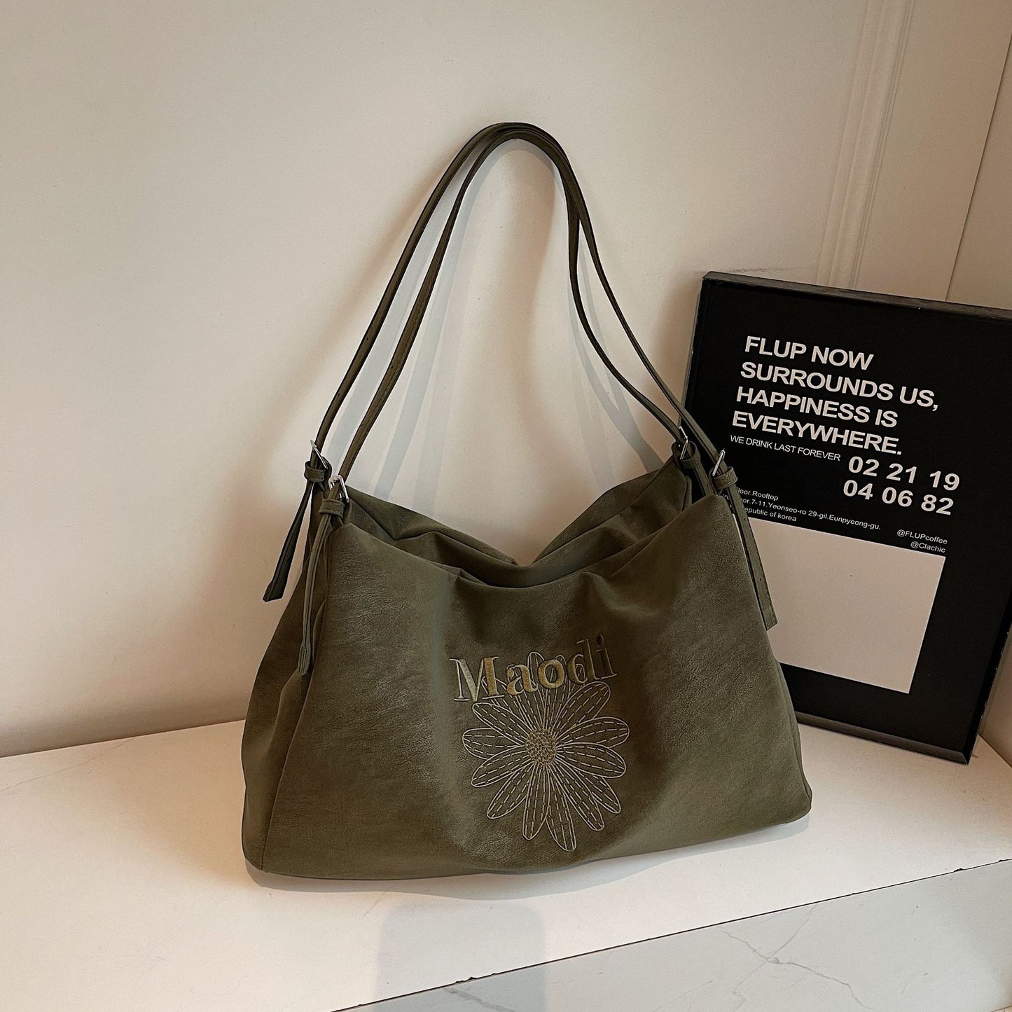 Retro Korean Style Large Capacity Suede Flower Embroidered Advanced Texture Underarm Bag
