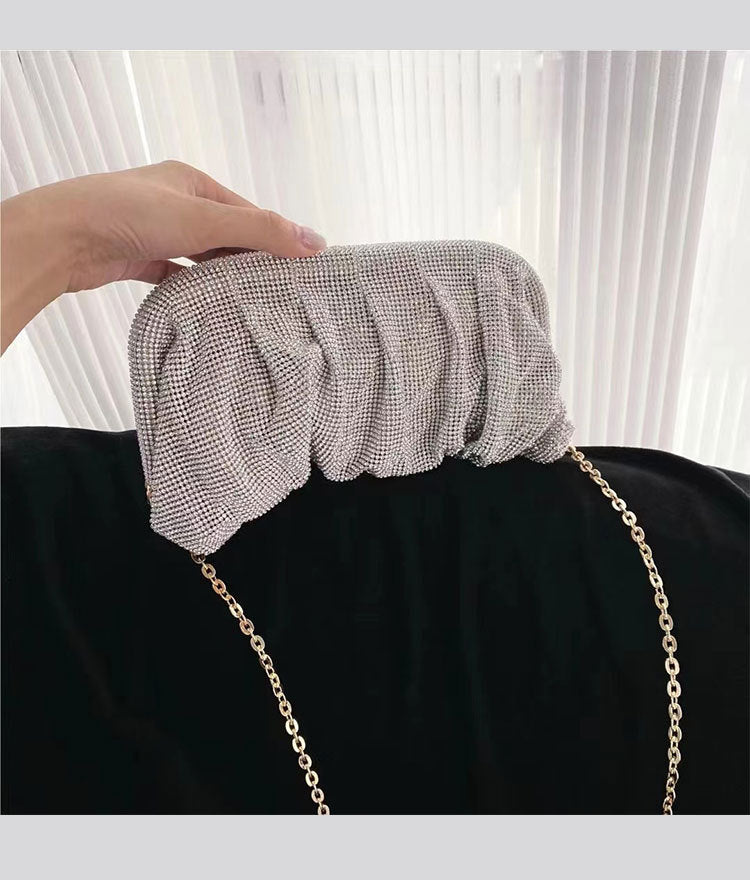 Studded Hand Crystal Pleated Chain Rhinestone Cloud Dumplings Clip Women's Shoulder Bag