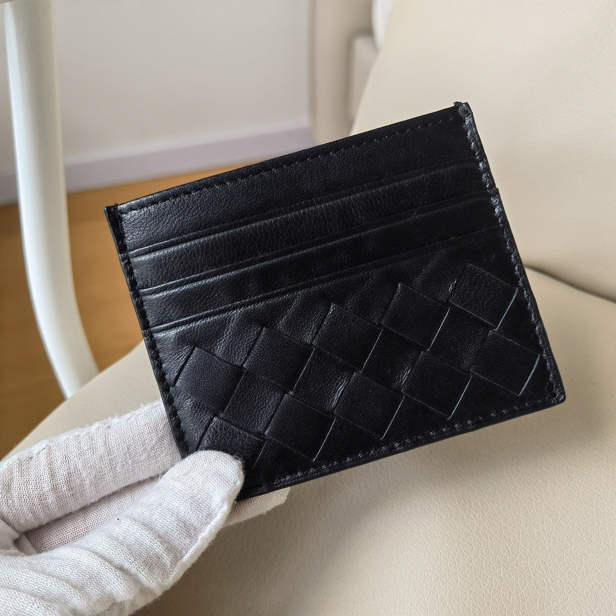 Authentic Leather Weave Wide Plaid Mini Clamp Exquisite Card Pack Card Sleeve