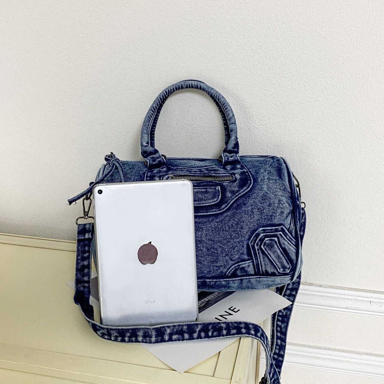 Women's Versatile Washed Denim Patchwork Large Capacity Commuter Sling Motorcycle Bags