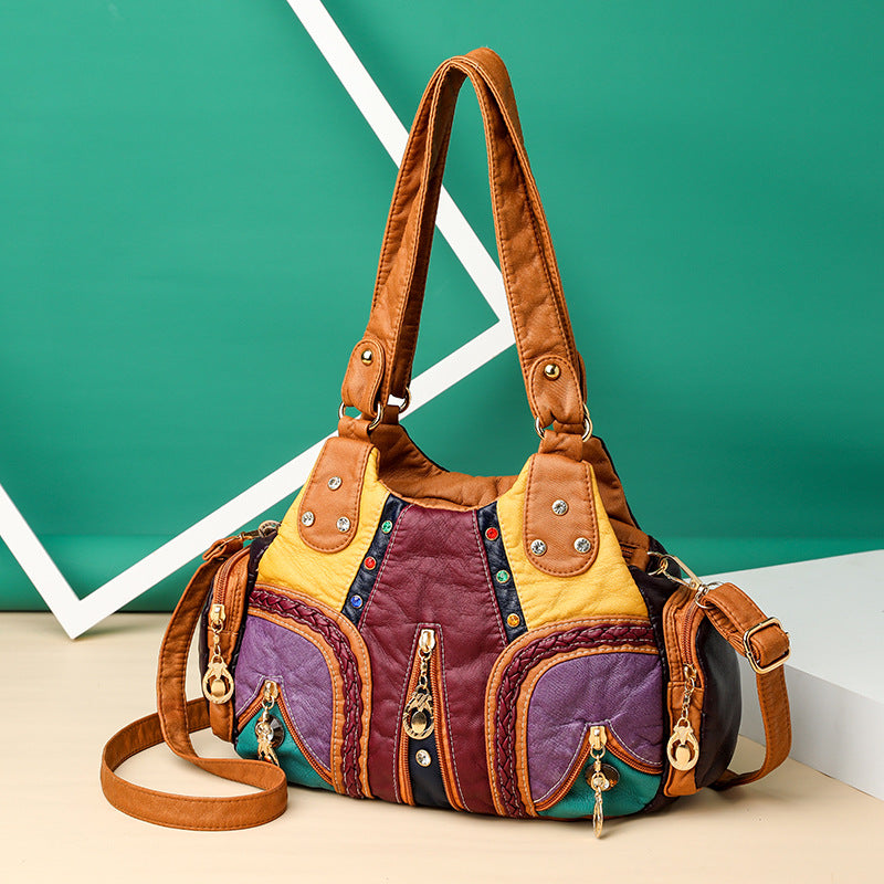 Trendy Colored Mosaic Large Capacity Washed Leather Bags