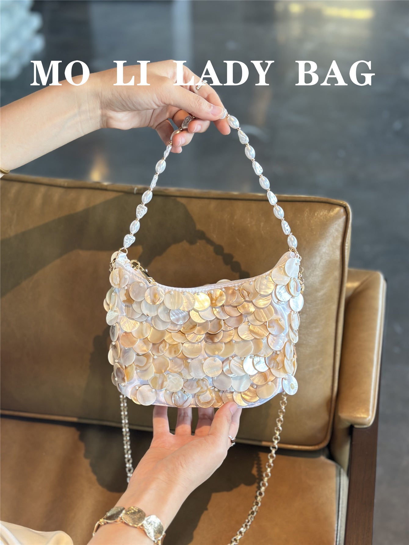 Women's French Retro Scale Sequined Shell Dumpling String Pearl Chain Dinner Bags