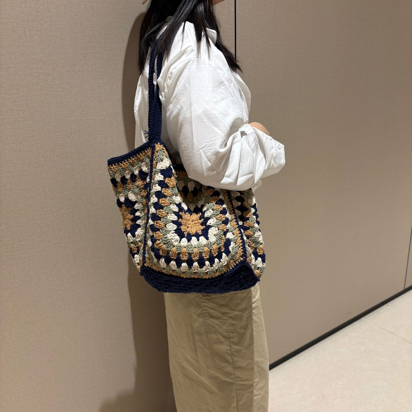 Women's Bohemian Navy Blue Woven Cotton Large Capacity Bags