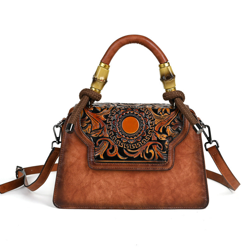 Women's Retro Artistic Style Underarm Bamboo Hemp Rope Hand-held Embossing Brush-off Bags