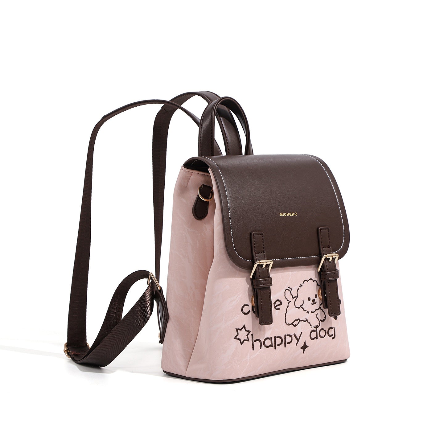 Beige Pink Quicksand Pattern Dog Embroidered Women's Backpack