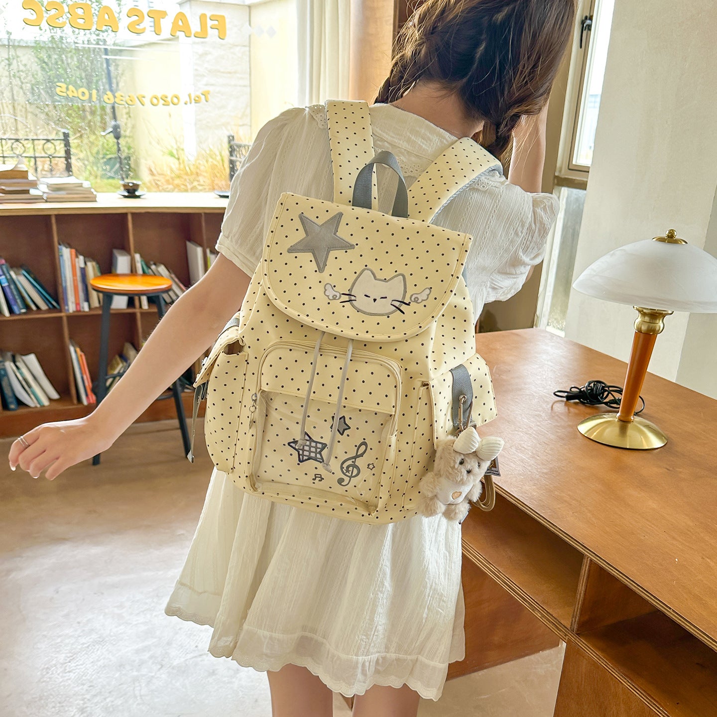 Women's Polka Dot Style Cartoon Cute Kitten Leisure Backpack