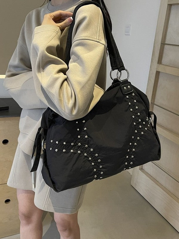 Women's Large Capacity Textured Rivet Lightweight Idle Shoulder Bags