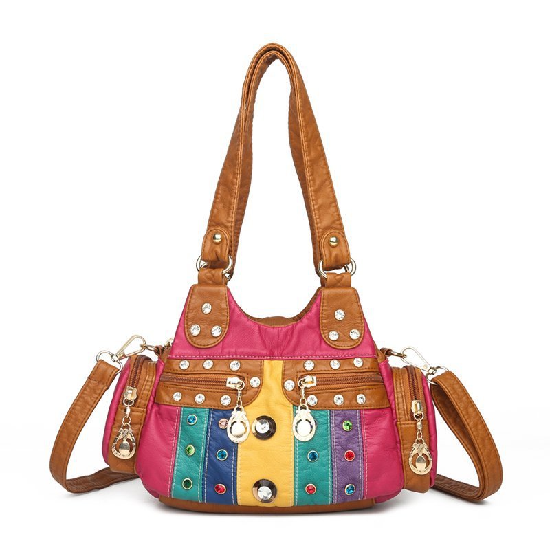 Women's Leather Fashion Diamond Lightweight Contrast Color Bags