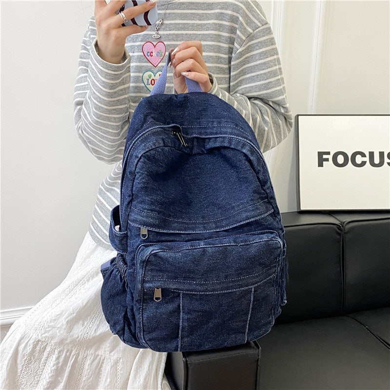Simple Retro Denim Female Large Capacity Pure Color Women's Backpack