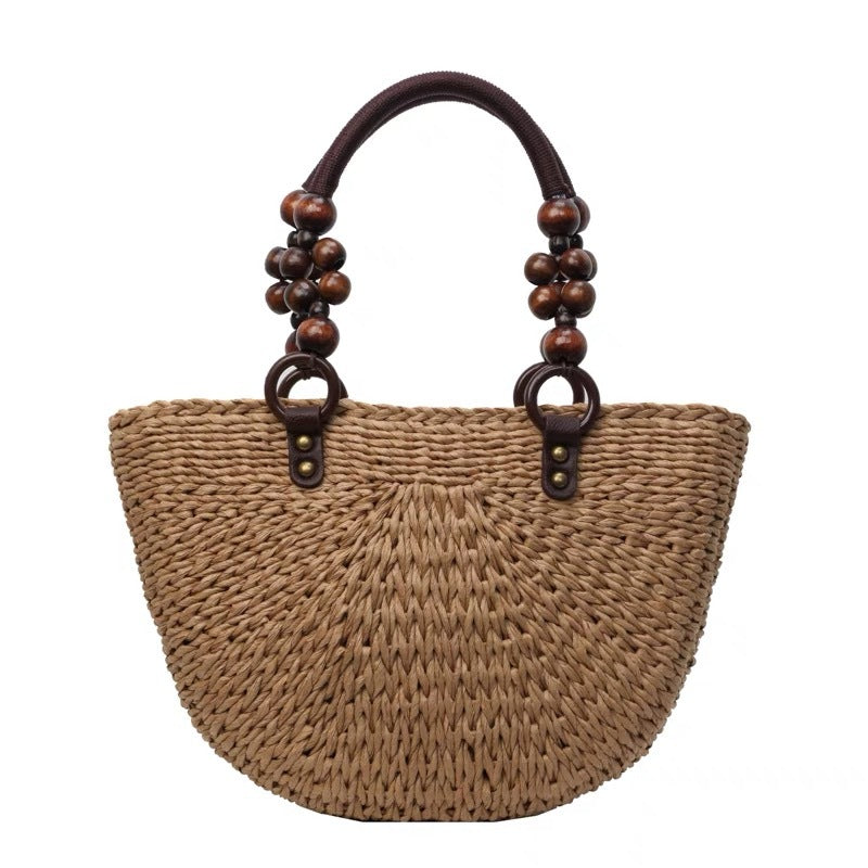 Women's Wooden Bead Portable Hand-woven Large Capacity Totes Vegetable Basket Tote Bag