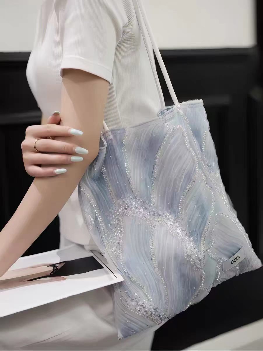 Fashionable Morandi Blue Beaded Item Niche Bags