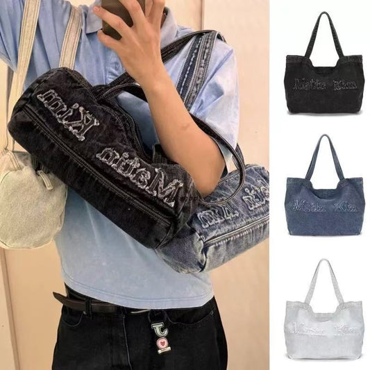 Niche Letter Embroidered Retro Washed Denim Large Capacity Tote Bag