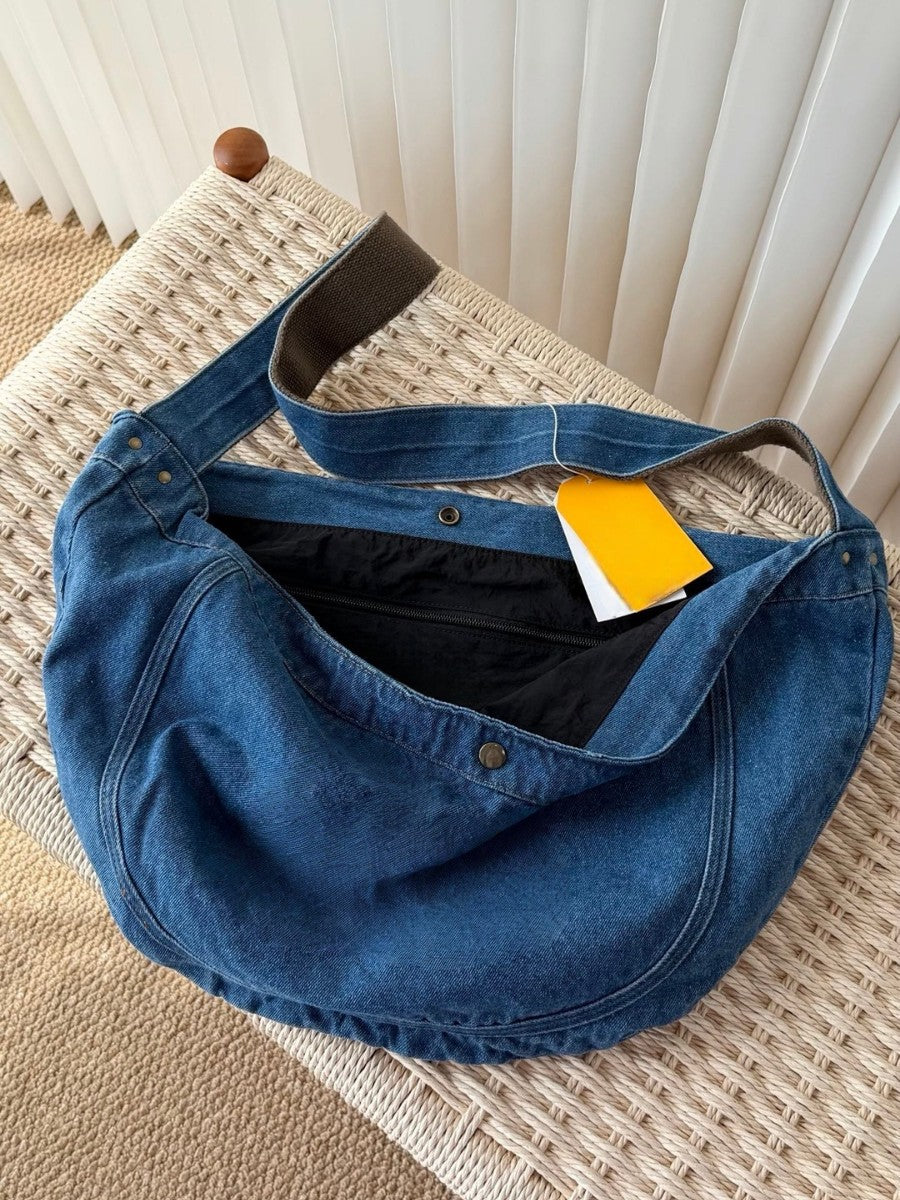 Women's Idle Style Washed Denim Crescent Artistic Tote Bags