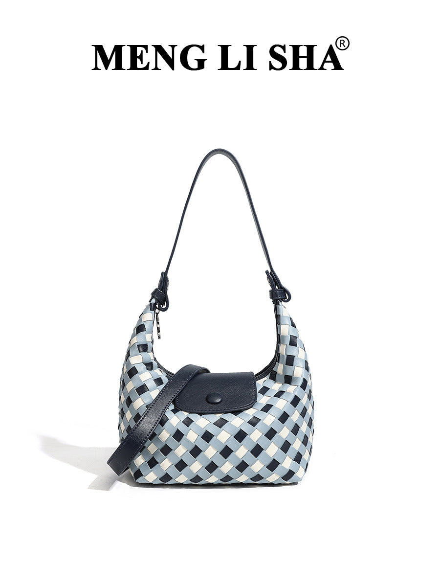 Women's Woven Blue White Plaid Hand Carrying Lunch Box Elegant Women's Shoulder Bag