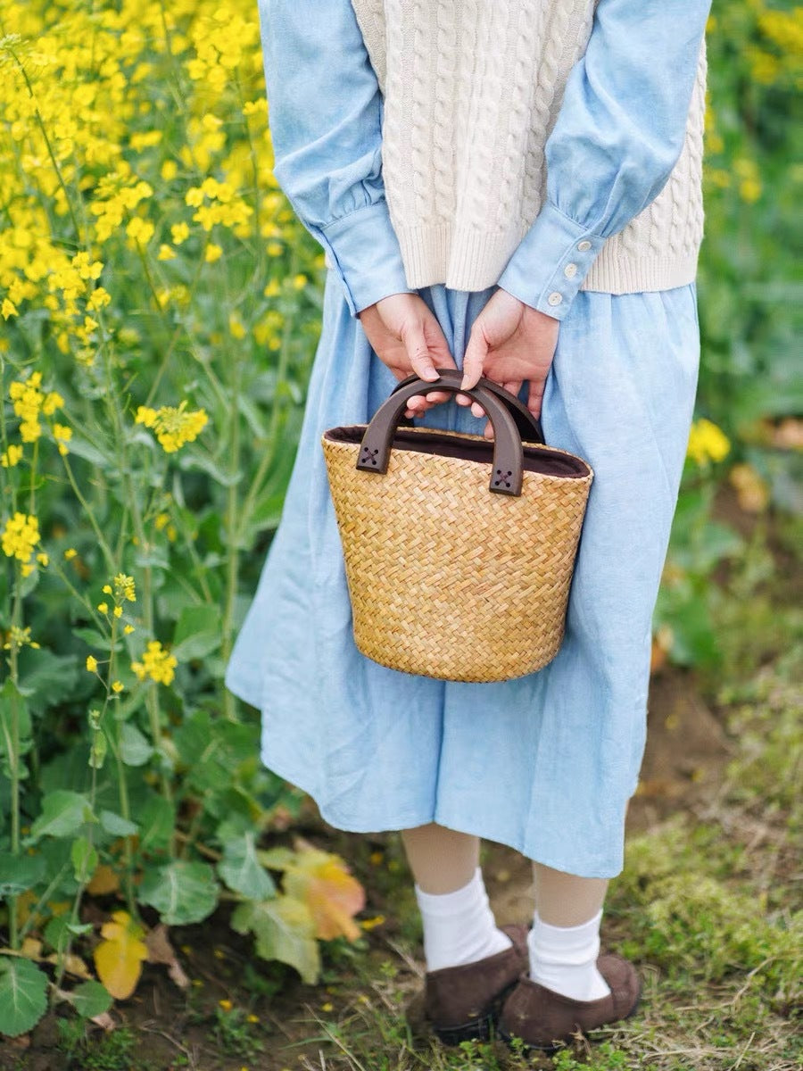 Women's Straw Rattan Woven Art National Style Portable Bucket Bags