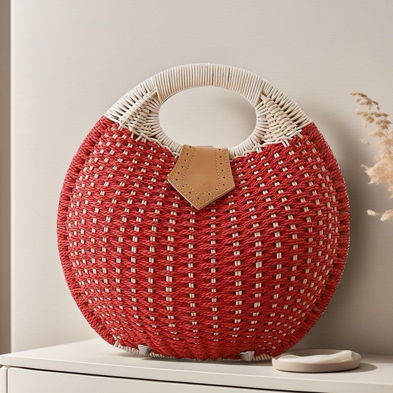 Simple Straw Style Woven Semicircle Beach Portable Round Women's Handbag