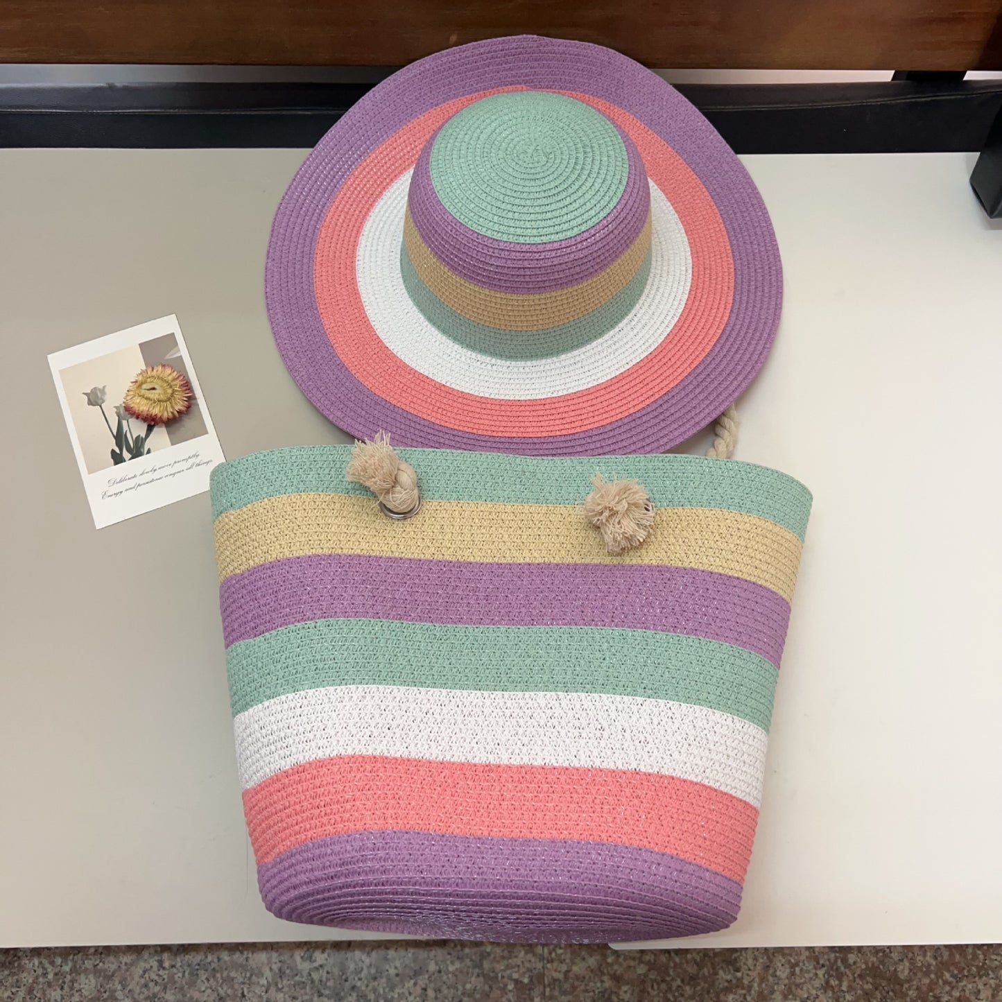 Summer Lady Colored Mosaic Beach Straw Tote Bag