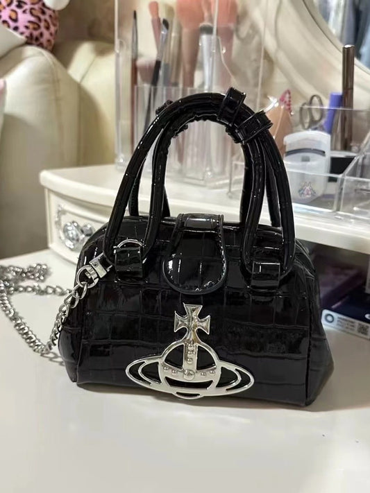 Saturn Waste High-grade Crocodile Pattern Patent Leather Frame Clip Women's Handbag