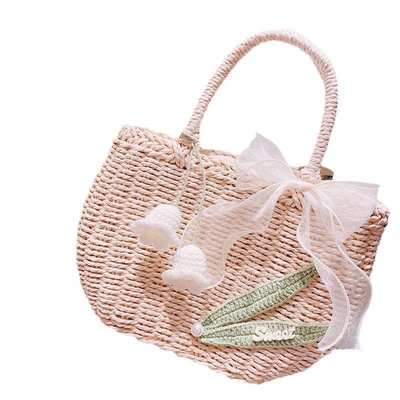 Summer Style Hand-knitted Crocheted Pearl Flower Lined Straw Handbags