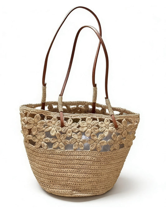 Women's Raffia Hook Flower Straw Seaside Vacation Beach Shoulder Bags