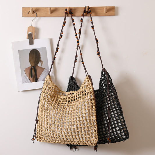 Women's Wooden Bead Straw Fashion Hollow Out Woven Seaside Women's Shoulder Bag