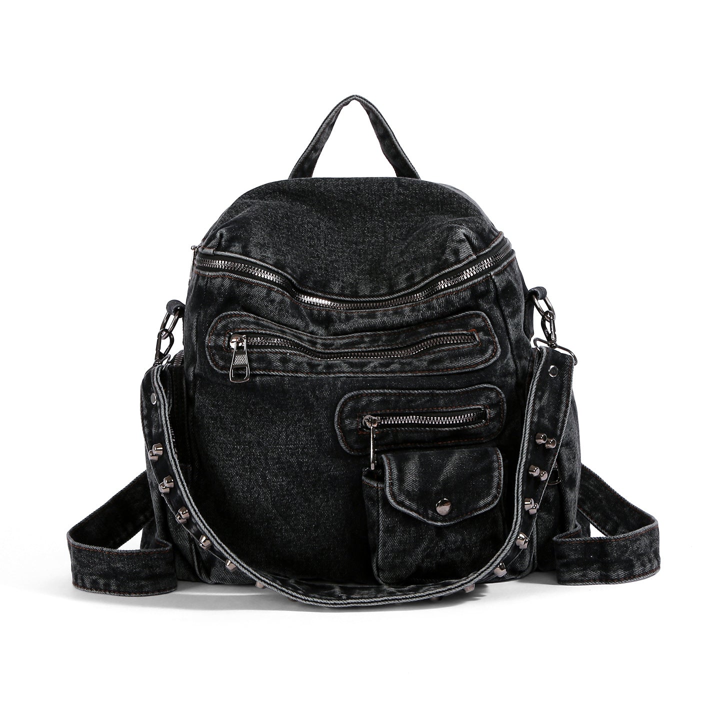 Retro Washed Denim Design Rivet Versatile College Leisure Backpack