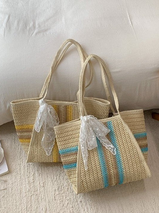Large Capacity Commuter Straw Woven Fabric Leisure Striped Bags