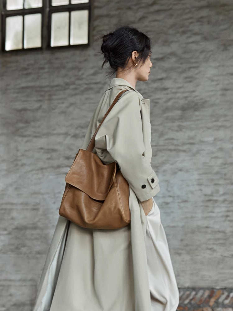Women's Tanned Leather Cowhide Flip Large Capacity Bags