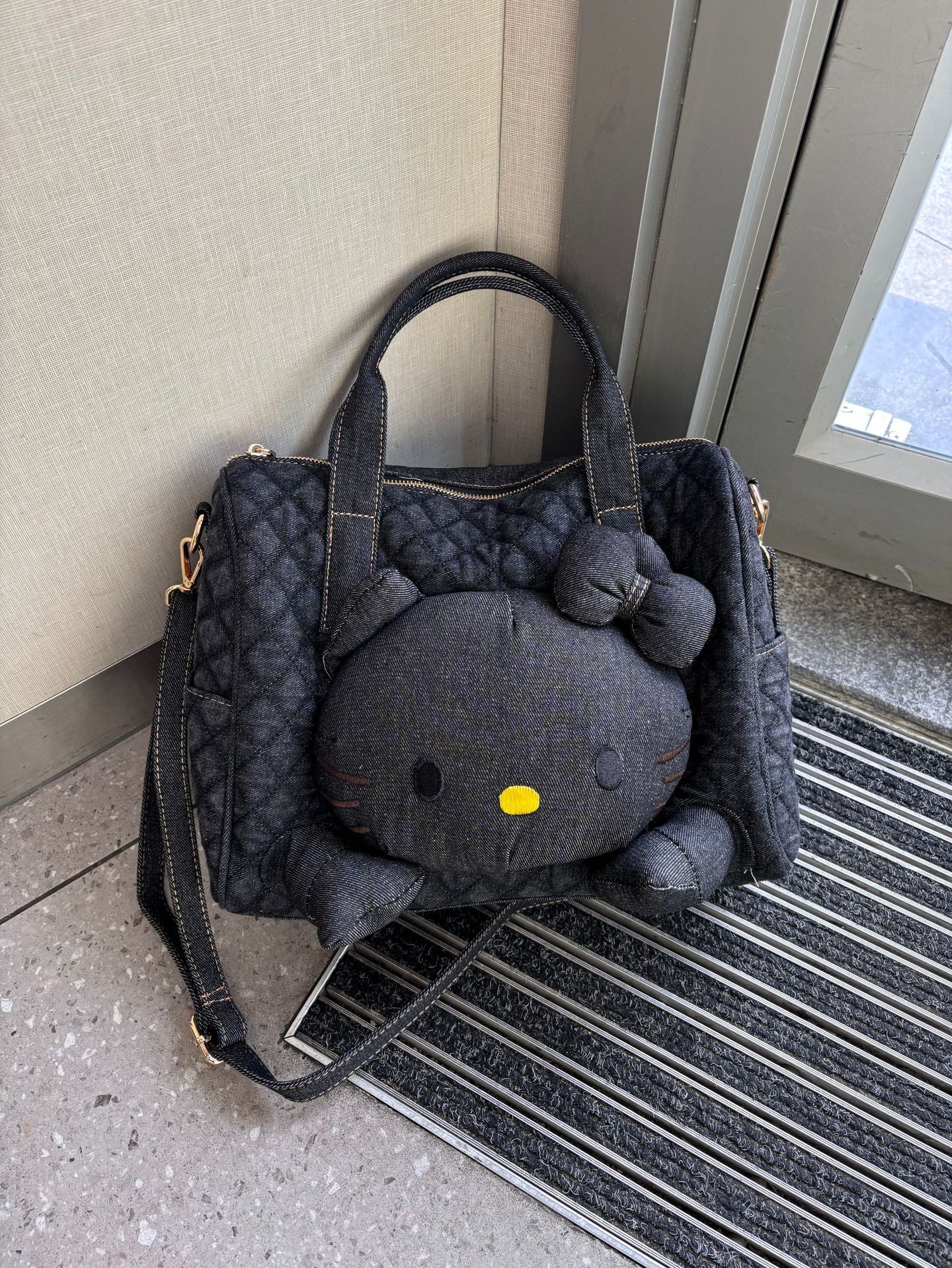 Style Black Leather Cat Rhombus Pillow Denim Personalized Doll Women's Shoulder Bag