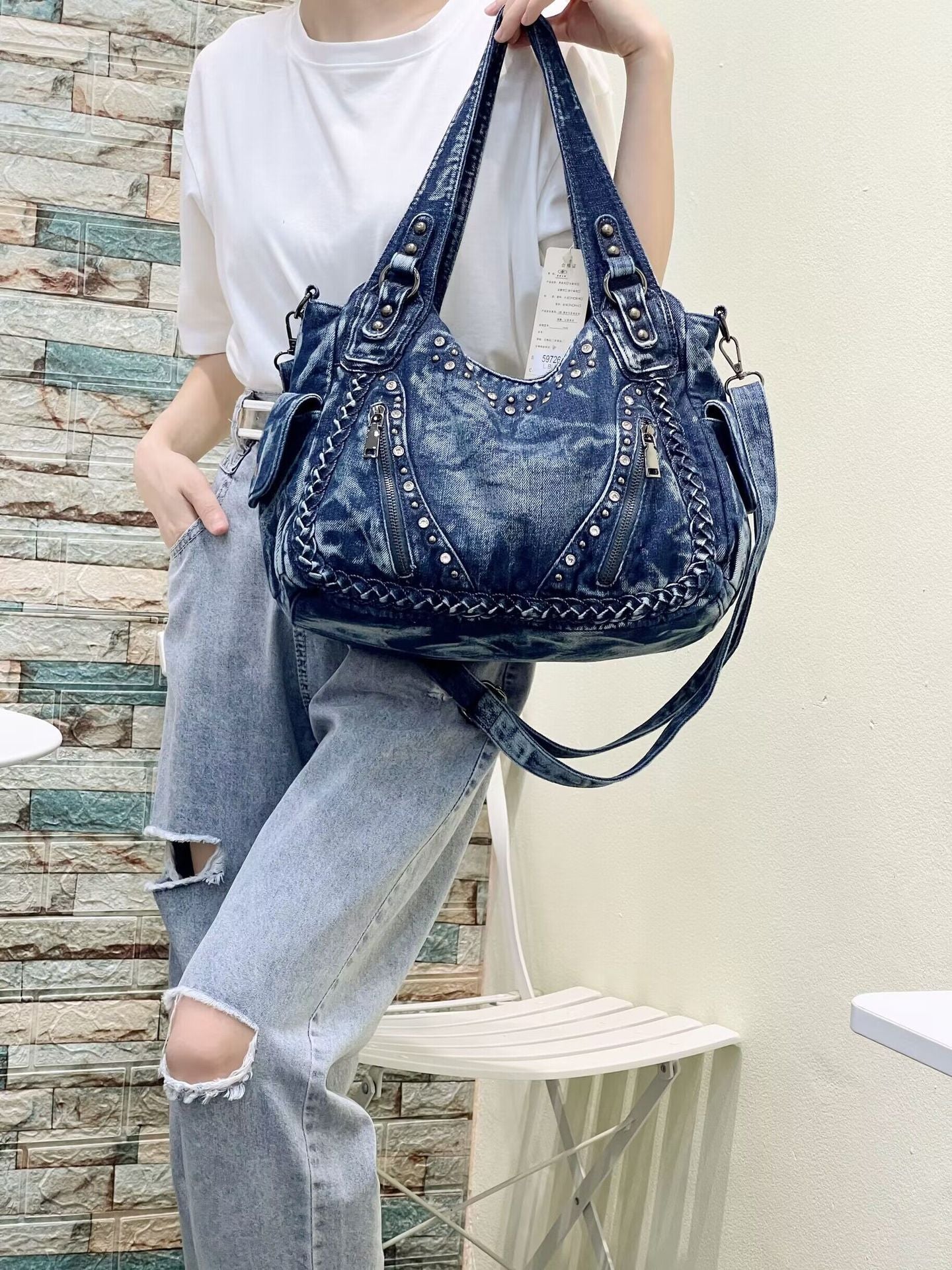 Women's Korean Personal Leisure Rivet Fashionable Washed Denim Large Tote Bag