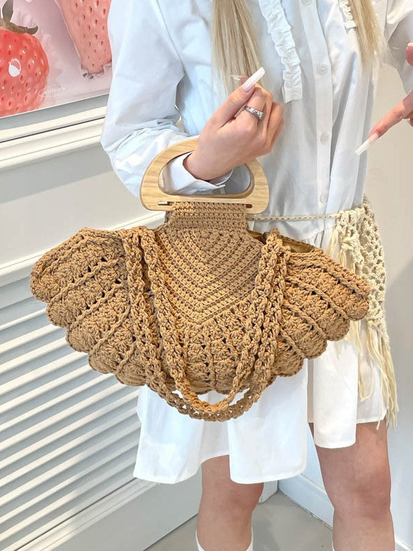 Woven Design Wooden Hand Holding Bao Vacation Beach Women's Shoulder Bag
