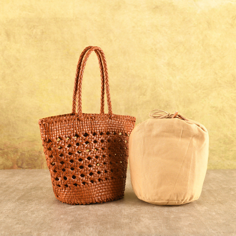 French Woven Vegetable Basket Cowhide Hollow Women's Handbag