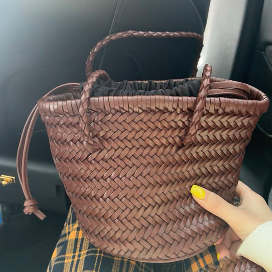 Woven Summer Portable Vegetable Basket French Retro Leather Bucket Bag