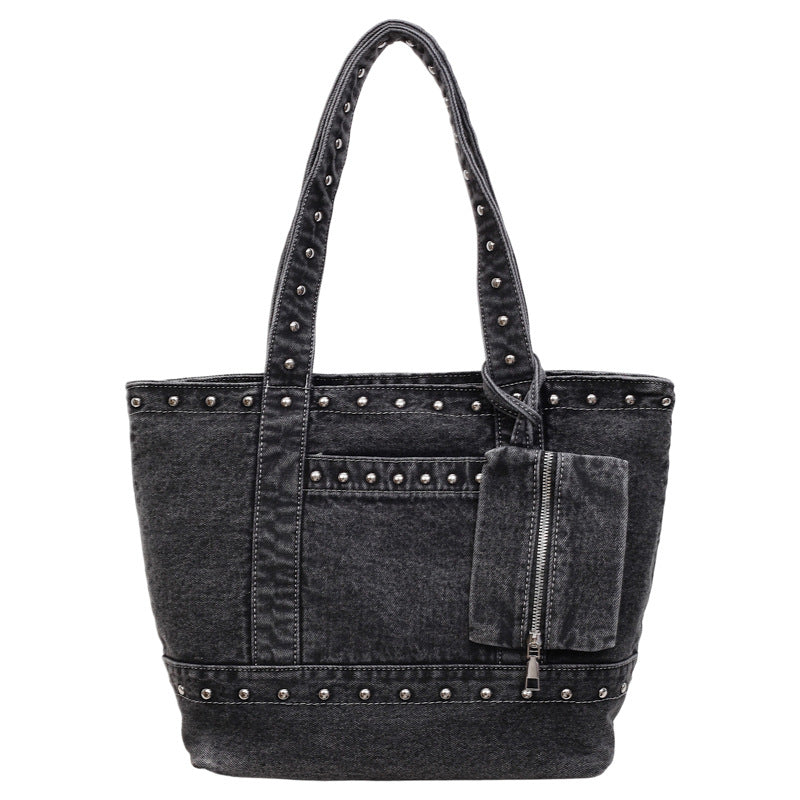 Women's Denim Trendy Unique Studded Large Capacity Tote Bags