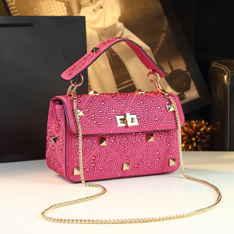 Women's Rhinestone Rivet Chain Fashion Portable Dinner Small Square Bags