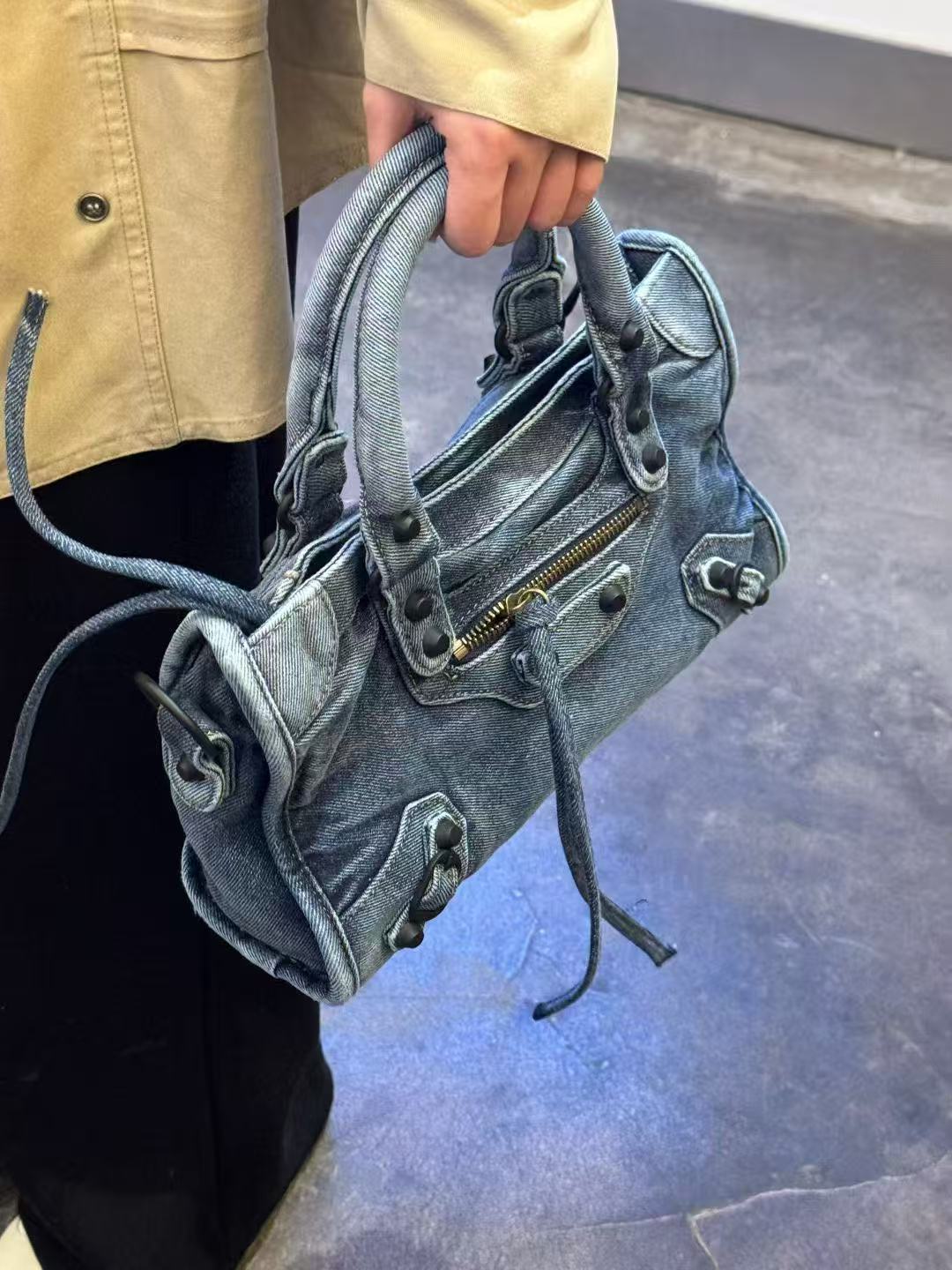 Rivet Motorcycle Washed Denim Neutral Punk Tote Bag