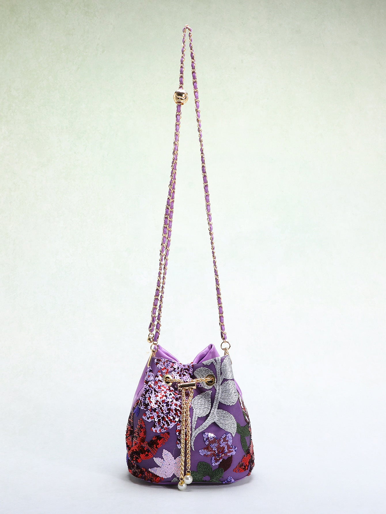 Women's Flower Embroidered Sequins Mesh Stitching Contrast Color Trendy Bucket Bag
