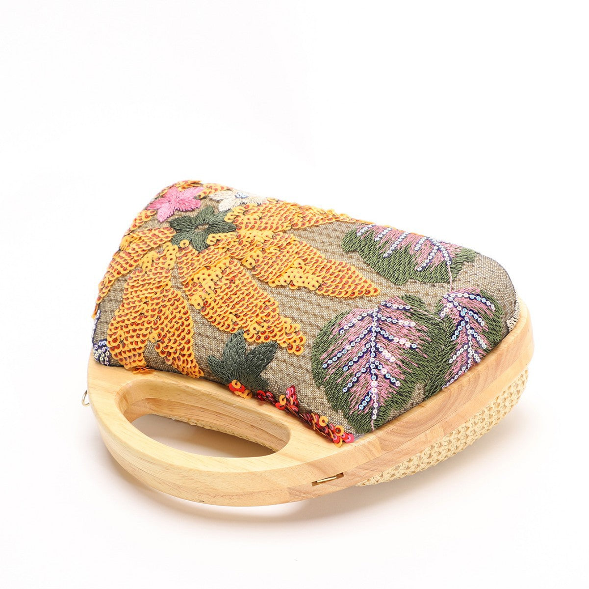 Women's Embroidered Sequins Floral Wooden Box Suction Women's Handbag