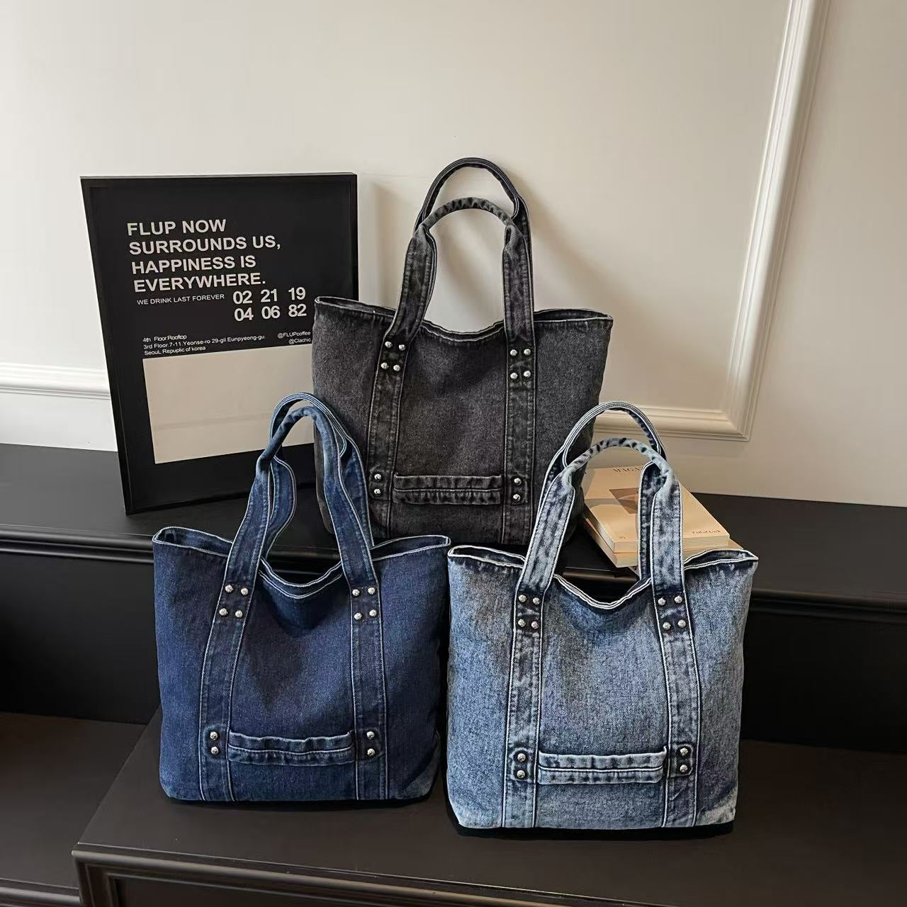 Women's Trend Denim Versatile Large Capacity Shopping Tote Bags